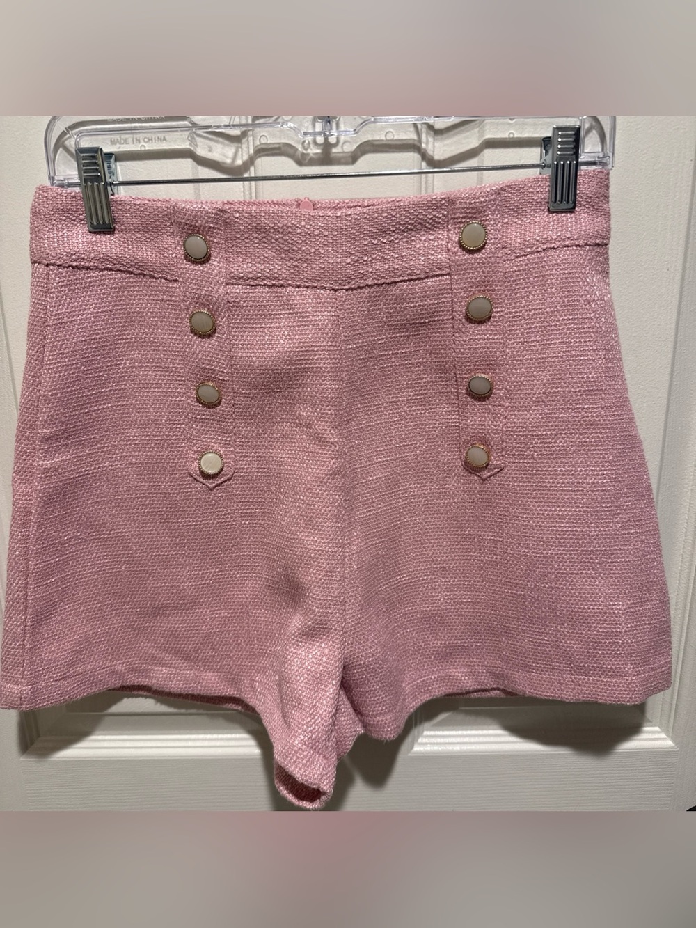 SHEIN Women's Pink Tweed High Waisted Shorts Sailor Double Button Size Medium